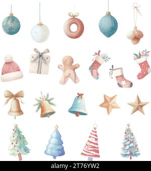 Weihnachten- und Neujahrselemente in Aquarellen. Niedliche handgezeichnete Illustration Stock Vektor