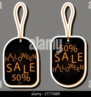 Illustration auf Themenaufkleber zum Feiern lustiger Feiertag Halloween mit orangen Kürbissen Stock Vektor