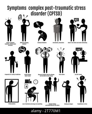 Infografiken Symbole Komplexe PTBS Symptome. Schwarze Silhouetten von Menschen zeigen die Folgen von Trauma, Vermeidung, sucht. Stock Vektor