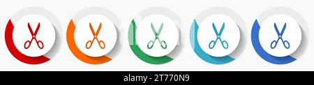 Schere Vektor-Symbolsatz, flache Design farbenfrohe runde Symbole in 5 Farboptionen für Webdesign und mobile Anwendungen Stock Vektor