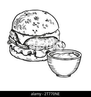 Vektor-Illustration von Burger mit Fleisch, Zwiebeln, Tomaten, Käse und Sauce, handgezeichnete Skizze von Fast Food, isoliert auf weißem Hintergrund, schwarz und wh Stock Vektor