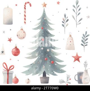Weihnachtsbaumset mit Aquarell. Handgezeichnete Abbildung. Isoliert auf weißem Hintergrund. Stock Vektor