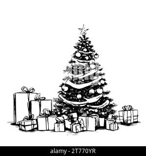 Handgezeichneter Weihnachtsbaum und Geschenke. Vektorgrafik Skizze, Linie Art. Stock Vektor