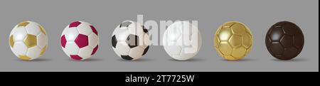 Sammlung realistischer 3D-Fußballbälle. Set aus goldenen, violetten und weißen schwarzen Fußballbälle. Vektorabbildung. Stock Vektor