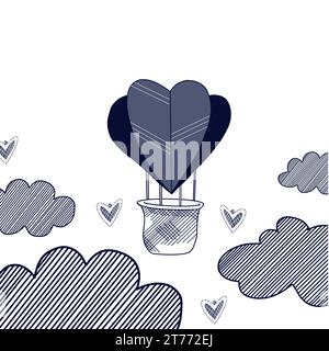 Valentinstag. Die Illustration für den Feiertag ist in einem Vektor in dunkelblauer Farbe gezeichnet. Herzförmiger Ballon in den Wolken, Herzen. Zum Drucken Stock Vektor