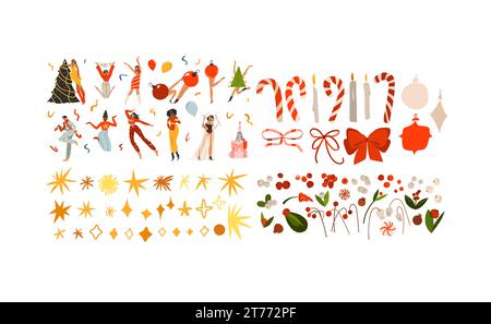 Hand gezeichnete Vektor abstrakte Cartoon Frohe Weihnachten und Happy New Year Clipart Illustrationen Elemente mit Blumen, Blättern und Menschen Zeichen gesetzt Stock Vektor