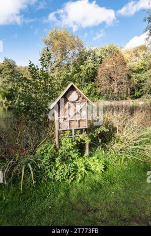 Insektenhotel oder Holzkäfer-Haus im Park. Stockfoto
