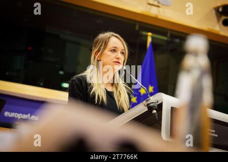 Nicolas Landemard / Le Pictorium - Konferenz des Netzes des Europäischen Bürgerbeauftragten für Migration - 09/11/2023 - Belgien / Brüssel / Brüssel - Sally Hayden. In einem voll ausgestatteten Saal im Europäischen Parlament in der belgischen Hauptstadt fand heute eine Konferenz über Menschenrechte, Migration und künstliche Intelligenz statt. Zu den Rednern zählten Sally Hayden, Journalistin und Schriftstellerin, Emily O'reilly, Vertreterin der Europäischen Bürgerfrauen, und Monique Pariat, Generaldirektorin der GD Migration und europäische Angelegenheiten der Kommission. Stockfoto