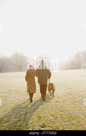 Rückansicht der ein älteres Paar mit einem Hund zu Fuß auf einem frostigen park Stockfoto