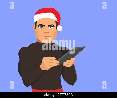 Glücklicher lächelnder Mann mit Santa Claus Hut, der Tablet Vektor-Karikaturillustration hält. Online-Käufer suchen nach Weihnachtsangeboten zum Kauf Stockfoto