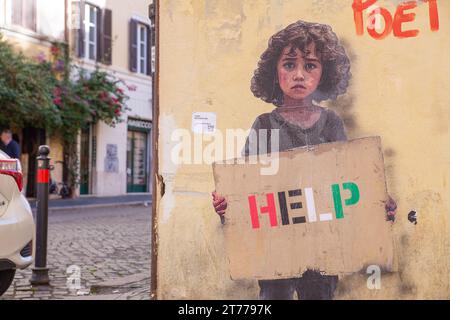 Rom, Italien. November 2023. Detail der neuen Wandmalerei mit dem Titel „Hilfe Palästina“, die von Straßenkünstler TvBoy in Borgo Pio in Rom erstellt wurde (Foto: © Matteo Nardone/Pacific Press via ZUMA Press Wire), NUR REDAKTIONELLE VERWENDUNG! Nicht für kommerzielle ZWECKE! Stockfoto