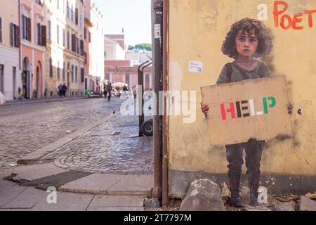 Rom, Italien. November 2023. Ansicht des neuen Wandgemäldes mit dem Titel „Hilfe Palästina“, das von Straßenkünstler TvBoy in Borgo Pio in Rom erstellt wurde (Foto: © Matteo Nardone/Pacific Press via ZUMA Press Wire), NUR REDAKTIONELLE VERWENDUNG! Nicht für kommerzielle ZWECKE! Stockfoto