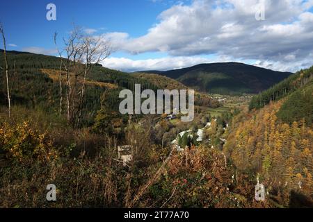 Blick auf Corris über dem Dulas Valley, WALES, Großbritannien Stockfoto