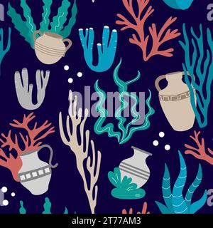 Nahtloses Vektor-Muster mit mehrfarbigen Algen-Formen und alten antiken Krügen und Gerichten am Meeresgrund. Heller Druck für Stoff und Verpackung Stock Vektor