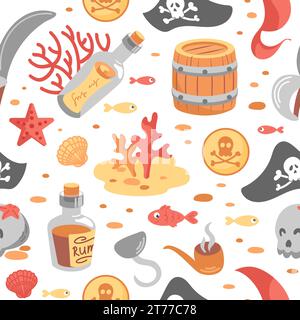 Nahtloses Piratenmuster für Kinder. Haken und Hahn Hut, Matrosen Säbel, Schädel, Faß und Seesterne. Flasche, Rauchpfeife, goldene Dublone, Rum, Korallen. wa Stock Vektor