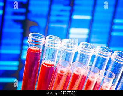 Reagenzgläser mit roter Flüssigkeit auf blauem Hintergrund der abstrakten dna-Sequenz Stockfoto