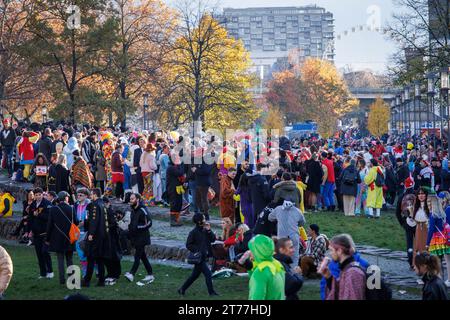 Am Tag der Eröffnung der Karnevalsveranstaltung am 11.11.23 feiern viele Menschen im Rheingarten in der Kölner Altstadt. Am-Tag der Stockfoto