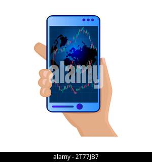 Hand hält Telefon mit Kerze Börsendiagramm. Online-Handel, Marktinvestition, Kerzendiagramm. Aktien verkaufen und kaufen. Forex Trading. Vektor-Illustration Stock Vektor