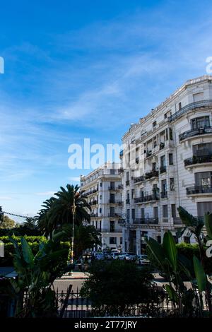 Blick auf ein Kolonialgebäude in Algier City. Historische Architektur. Stockfoto