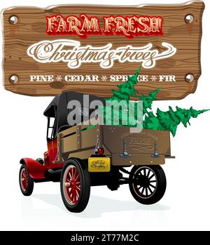 Vektor-Vintage-Bauernhof-Schild mit Weihnachtsbaum von rotem Truck. Farm Fresh Christmas Trees Retro-Poster. Verfügbar im eps-10-Format, getrennt durch Gruppen und la Stock Vektor