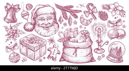 Weihnachtsmotiv. Handgezeichnete Vektorillustration im Retro-Skizzenstil, für Feiertagsdesign Stock Vektor