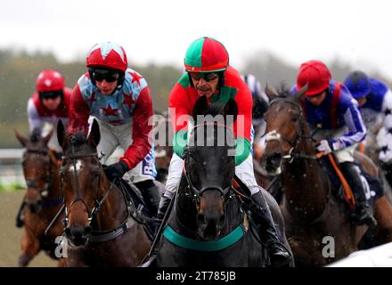 Minella Miracle wird von Jockey John Reddington (Mitte) in Aktion geritten, als sie im Weatherbys & Birdie Calendars Open National Hunt Flat auf der Rennbahn Lingfield Park antreten. Bilddatum: Dienstag, 14. November 2023. Stockfoto