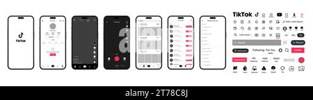 Tik Tok Design für iphone 15. Tik Tok-Bildschirm soziale Medien, Vorlage für die Schnittstelle für soziale Netzwerke. Homepage, Laden, Empfehlungen, Abonnement, Profil Stock Vektor