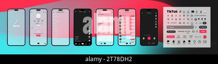 Tik Tok Design für iphone 15. Tik Tok-Bildschirm soziale Medien, Vorlage für die Schnittstelle für soziale Netzwerke. Homepage, Laden, Empfehlungen, Abonnement, Profil Stock Vektor