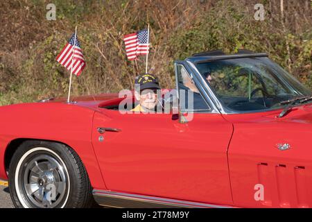 Ein Senior Army Veteran fährt in einem der Hauptautos der jährlichen Veterans Day Parade in Somers, New York am 11. November 2023. Stockfoto