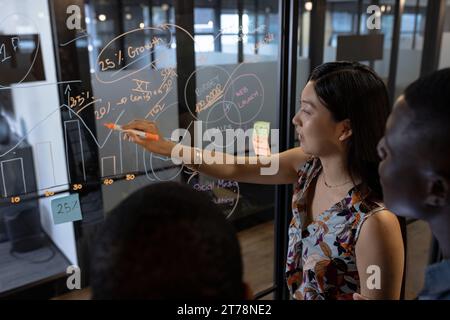 Glückliche, vielfältige männliche und weibliche Kollegen beim Brainstorming an der Glaswand im Büro Stockfoto