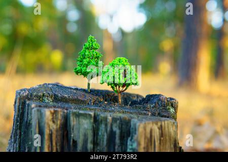 Nahaufnahme eines alten und verwitterten Baumstumpfes mit zwei lebendigen, gefälschten Setzlingen oben in einer Waldlandschaft. Stockfoto