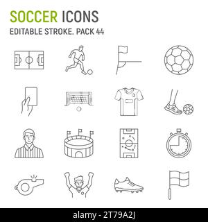 Fußball Linie Icon Set, Fußball Sammlung, Vektor Grafiken, Logo Illustrationen, Fußball Vektor Icons, Zeichen für Sportspiele, Piktogramme, editierbare Stk Stock Vektor