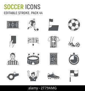 Fußball-Glyphe-Symbol-Set, Fußball-Sammlung, Vektorgrafiken, Logo-Illustrationen, Fußball-Vektor-Symbole, Zeichen für Sportspiele, durchgehende Piktogramme, bearbeitbare Str Stock Vektor