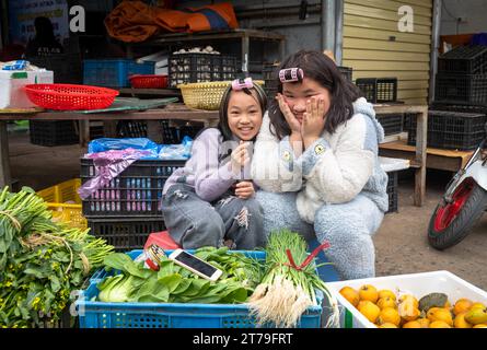 Zwei junge vietnamesische Mädchen mit Lockenwicklern im ir-Haar verkaufen Gemüse und Orangen auf dem Markt in Mong Cai, Quang Ninh, Vietnam. Stockfoto