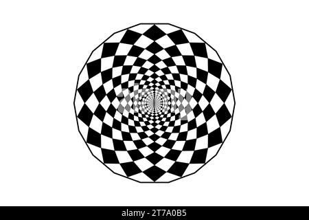 Hypnotisches Kunstmandala-Design, optische Spiraltäuschung. Optisch karierter Kreis Klassisches kreisförmiges OP-Art-Design in Schwarz und weiß. Vektorabbildung Stock Vektor