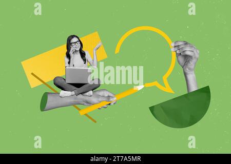Ganzkörper-Foto-Collage der lustigen jungen Dame Kommunikation mit Kollegen Erstellen Sie Dialog Bleistiftzeichnung Chat isoliert auf grünem Hintergrund Stockfoto