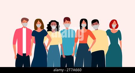 Schöne flache Illustration mit Zeichentrickfilm junge Männer Frauen Quarantänemasken. Vektorabbildung. Stock Vektor