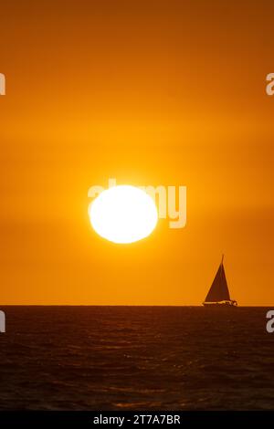 Ein wunderschönes Segelboot hat eine Silhouette vor einem leuchtend gelben Himmel bei Sonnenuntergang Stockfoto