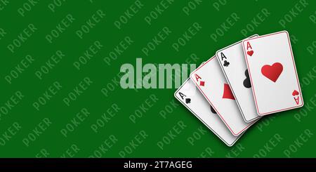 Pokerkonzept. Handfan von Spielkarten, bestehend aus vier weißen Pik-Assen, Diamanten, Schlägern, Herzen. Vektorabbildung auf einer grünen Tabelle. Stock Vektor