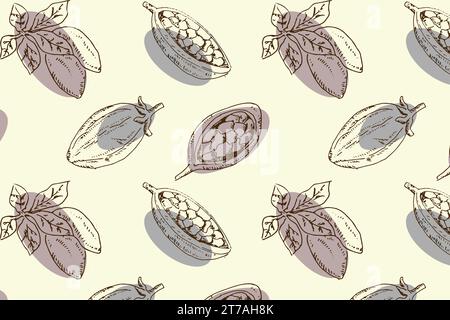 Kakao- oder Baobab-Bohnen, Blätter - nahtloses Muster Stock Vektor