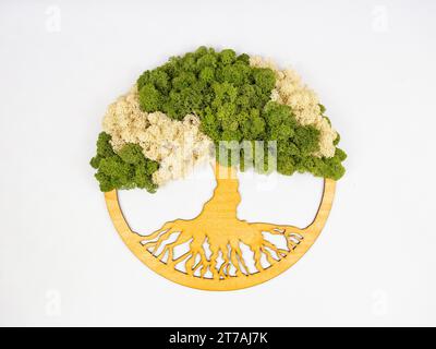 Ein Baum aus Moos und Holz auf weißem Hintergrund. Stockfoto