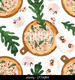 Nahtlose Pizza mit Pilzen und Rucola. Aquarellillustration für Menüs, Rezepte, Küchentextilien, Gestaltung von Cafés, Restaurants und pizz Stockfoto