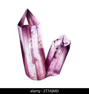 Handgezeichnete Edelsteinmarkierung Illustration im Aquarellstil. Agat-, Diamant- und Amethyst-Quarz-Mineral isoliert auf weißem Hintergrund. Clip-Art Stockfoto