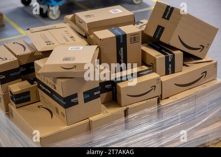 Erding, Deutschland. November 2023. Die Pakete liegen auf einer Palette bei der offiziellen Eröffnung des Amazon Sortierzentrums in Erding. Quelle: Peter Kneffel/dpa/Alamy Live News Stockfoto