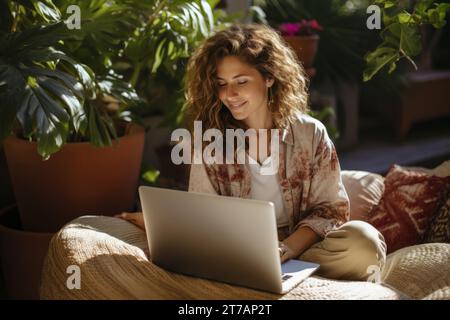 Eine Frau mit einem Laptop sitzt in einem Stuhl und arbeitet zu Hause im Wohnzimmer an einem Laptop. Geschäftlich von zu Hause aus Stockfoto