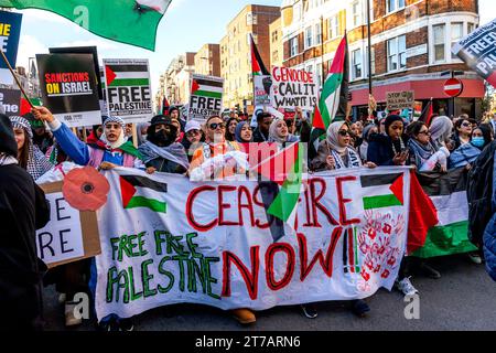 Junge Briten fordern eine Waffenruhe im Gazastreifen und Israel, die Bombardierung des Gazastreifens auf der Veranstaltung „Marsch für Palästina“ in London, Großbritannien, zu stoppen Stockfoto