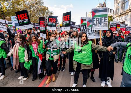 Wütende junge britische Muslime rufen zum Waffenstillstand in Gaza auf und fordern Israel auf, die Bombardierung des Gazastreifens beim Marsch für Palästina in London, Großbritannien, zu stoppen Stockfoto