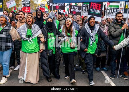 Wütende junge britische Muslime rufen zum Waffenstillstand in Gaza auf und fordern Israel auf, die Bombardierung des Gazastreifens beim Marsch für Palästina in London, Großbritannien, zu stoppen Stockfoto