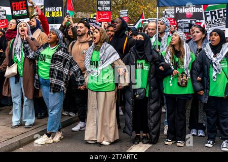 Wütende junge britische Muslime rufen zum Waffenstillstand in Gaza auf und fordern Israel auf, die Bombardierung des Gazastreifens beim Marsch für Palästina in London, Großbritannien, zu stoppen Stockfoto