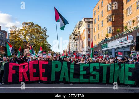 Die Menschen marschieren durch London mit Einem Banner für das freie Palästina, das zu Einer Waffenruhe im Gazastreifen während des Marsch für Palästina-Events in London, Großbritannien, aufruft Stockfoto